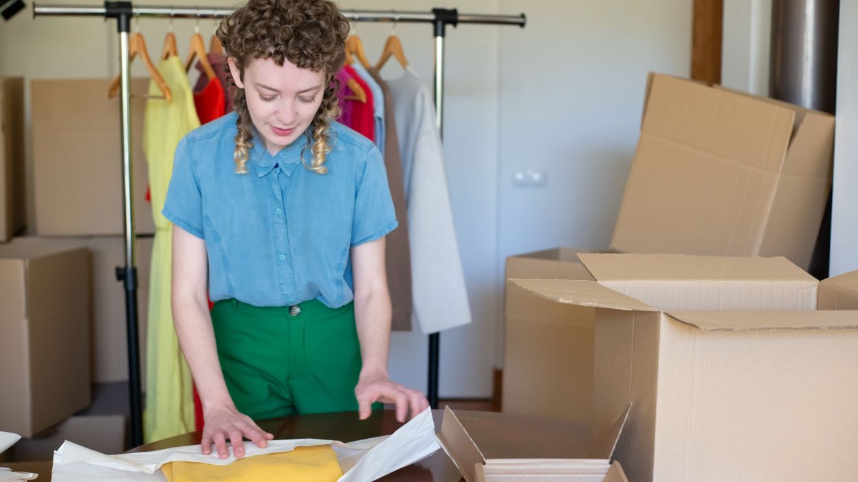Ropa doblada y cajas para enviar lo vendido en Vinted
